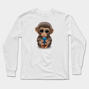 Cute Baby Monkey Holding a Blue Cell Phone Long Sleeve T-Shirt